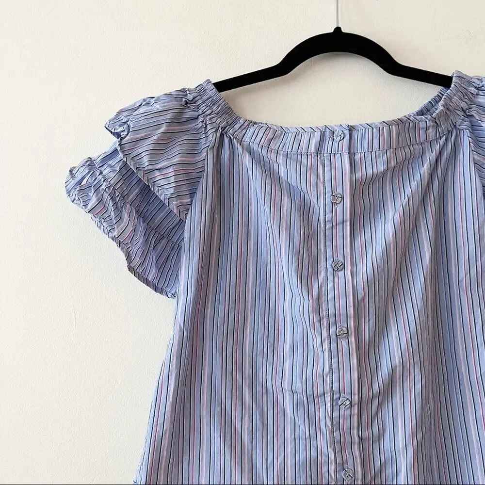 Parker Blue Striped Ruffle Off-the-Shoulder Blouse
